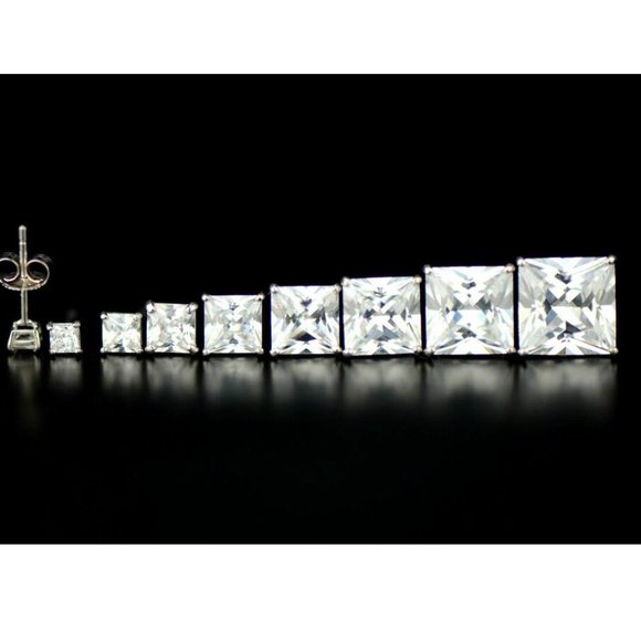 Princess Cut Sterling Silver 7mm Cubic Zirconia Stud Earrings with Rhodium - Picture 2 of 3